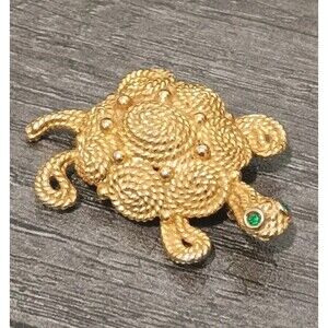 Napier Turtle Green Rhinestone Eyes Signed Vintage Gold Tone Brooch Pin